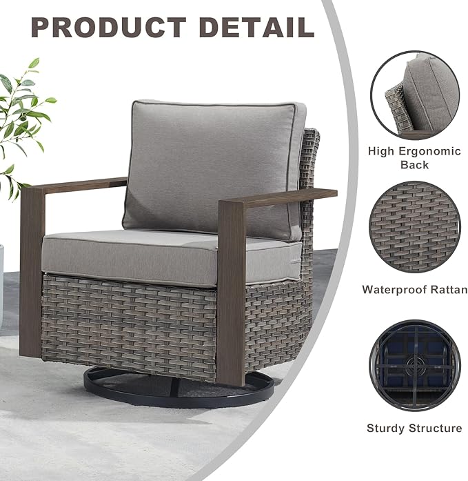 Outdoor Patio Swivel Rocker Chairs - Wicker Rattan Patio Swivel Rocking Chairs Set of 2 with Metal Wide Armrest, Thick Cushions and Deep Seating for Deck Porch Sunroom Garden(Mixed Grey/Grey)-Ruum Studio Home