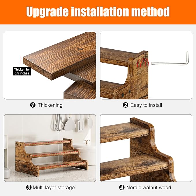KLM 3-Tier Spice Rack, 13.8 Inch Wood Step Shelf Countertop Spice Storage Holder, Kitchen Pantry Cabinet Organizer Cupboard for Spice Bottles, Jars, Seasonings, Baking Supplies,Bathroom Organizer-Ruum Studio Home
