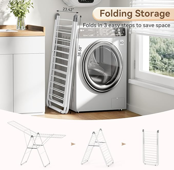 APEXCHASER Clothes Drying Rack, Foldable Drying Rack Clothing, Sturdy Metal Laundry Drying Rack, Height-Adjustable Gullwing, Easy to Fold, Space-Saving, for Indoor Outdoor, White-Ruum Studio Home