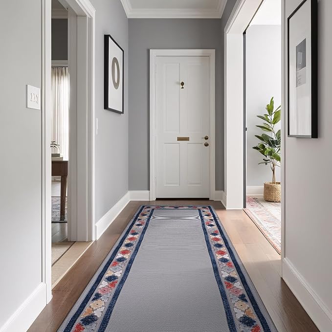 Beverly Rug Outdoor Runner Rug 2x7 Modern Floral Bordered Area Rugs for Indoor and Outdoor Patio Easy to Clean Non Shedding Living Room Porch Garden Washable Outside Carpet (2 x 7 Gray)-Ruum Studio Home