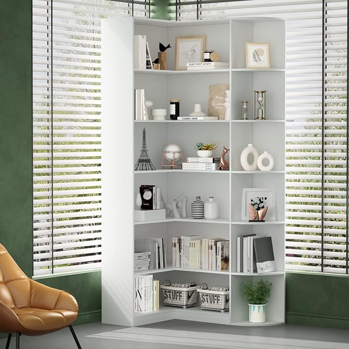 Loomie White Book Shelf, 6 Tiers Shelf Large Tall Corner Etagere Bookcase with Full Baffle, L-Shaped Modern Storage Display Industrial Bookshelves for Bedroom, Home Office, Living Room & Kitchen-Ruum Studio Home