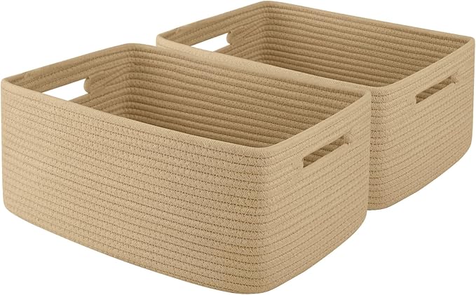 OIAHOMY Storage Basket for Shelves, Closet Cube Storage Bins Baskets for Clothes Blanket Towels, Baby Nursery, Toy Baskets Box, Woven Rope Basket, 17.72*12.99*7.87 IN, 2 Packs Jute Yellow-Ruum Studio Home