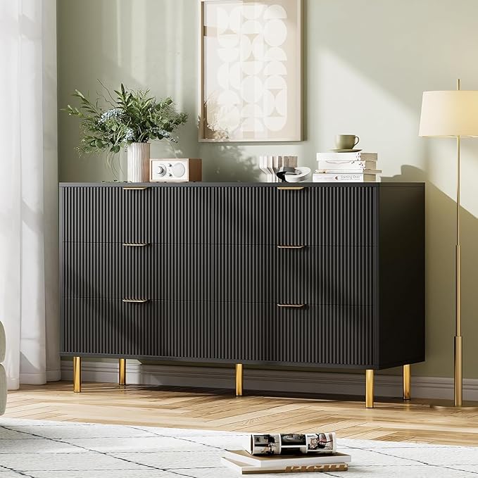 GAOMON 6 Drawer Dresser, Wood Chest of Drawers Organizer Storage with Gold Handle, Large Storage Cabinet, Modern Design Dresser for Bedroom, Living Room, Closet, Hallway, Entryway, Black-Ruum Studio Home