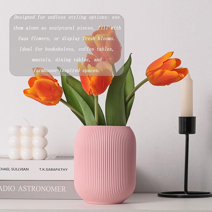 Ceramic Vase Set of 3, Vases Home Decor Modern Minimalist Decor Pottery Boho Vases for Pampas Grass Dried Fresh Flowers, Bookshelf, Shelf, Bedroom, Entryway Mantel Decor(Pink+Light Yellow+Orange)-Ruum Studio Home