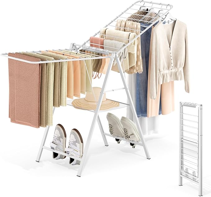 APEXCHASER Drying Rack for Clothing Foldable, Metal Laundry Rack Collapsible, Ultra Thin Gullwing Clothes Airer with Adjustable Height for Towel Baby Clothes Indoor Outdoor Laundry Room, White-Ruum Studio Home