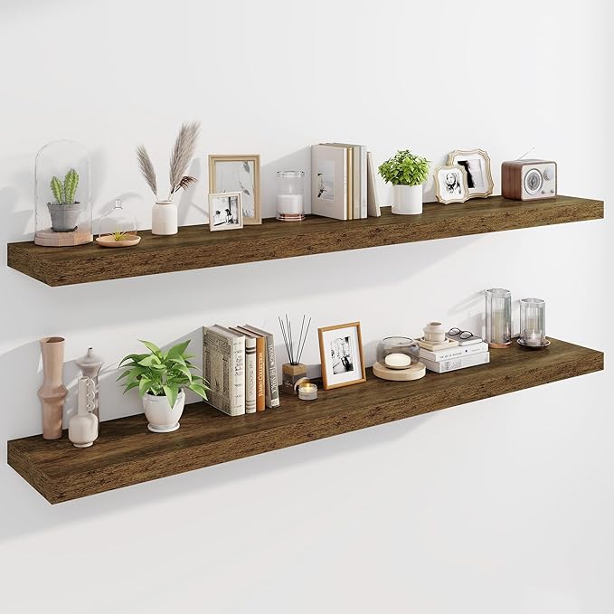 Marsmiles 72" Floating Shelves for Wall, Wooden Shelves with Invisible Brackets Set of 2, Rustic Farmhouse Wall Mounted Shelf for Kitchen Bathroom Living Room Study, Rustic Brown-Ruum Studio Home