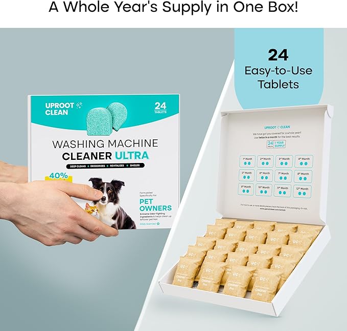 Uproot Clean Washing Machine Cleaner Tablets Ultra - 40% Stronger Formula: Designed for Pet Owners, Remove Residue, Grime & Odors, Compatible with HE, Top & Front Load, 24 Pack - 12 Month Supply-Ruum Studio Home