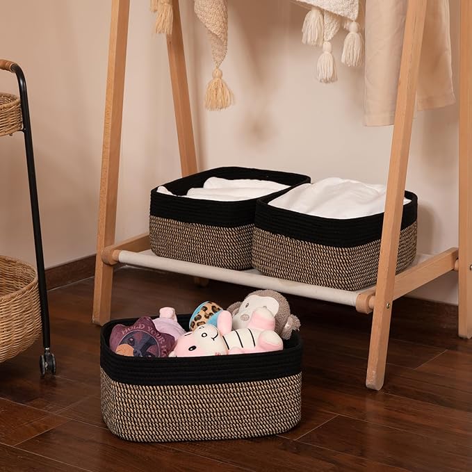 Storage Baskets for Organizing 3 Pack, Woven Baskets for Shelves, Closet Organizer Bins Empty Gift Basket Toy Storage for Toys, Books, Towels, Clothes, 15"x11.42"x6.7", Black & Yellow-Ruum Studio Home