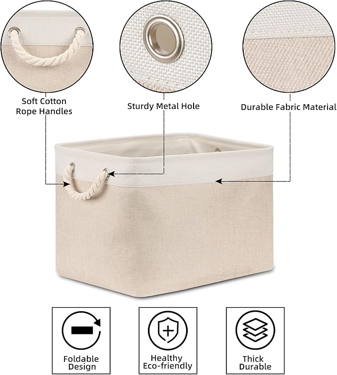 Bidtakay Beige Storage Basket Large Fabric Cloth Baskets [2-Pack] Tall Rectangular Shelf Baskets 16X11.8X11.8 in Canvas Collapsible Storage Bins with Handles for Organizing Living Room(White&Beige)-Ruum Studio Home