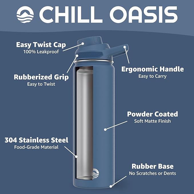 Chill Oasis Water Bottle | Compatible With Popular Flavor Cartridges | BPA Free, Leak Proof, Double-Walled Vacuum Insulated Stainless Steel, and Dishwasher Safe | Cold for 24 Hours (Navy, 22oz)-Ruum Studio Home