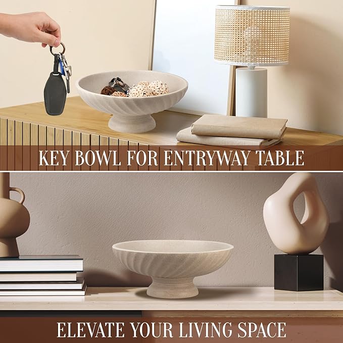 Large Resin Pedestal Decorative Bowl - Modern Fruit Bowl for Kitchen Counter - Handicraft Bowls for Home Decor - Key Bowl for Entry Table,Artificial Stone Beige-Ruum Studio Home