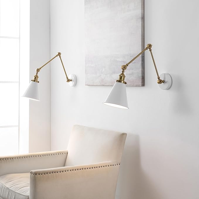 JONATHAN Y JYL7462B-SET2 Rover 7" Classic Industrial Metal Adjustable Arm LED Wall Sconce, White/Brass Gold (Set of 2) for Bedroom, Bathroom, Vanity-Ruum Studio Home