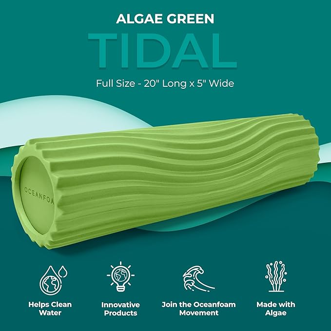 Oceanfoam Tidal Roller - Algae Green - Muscle Massage Foam Roller for Back Pain & Stretching - Firm and Ergonomic Wide Wave Textured - Yoga, Athletics, & Wellness - Full Size, 20" x 5"-Ruum Studio Home