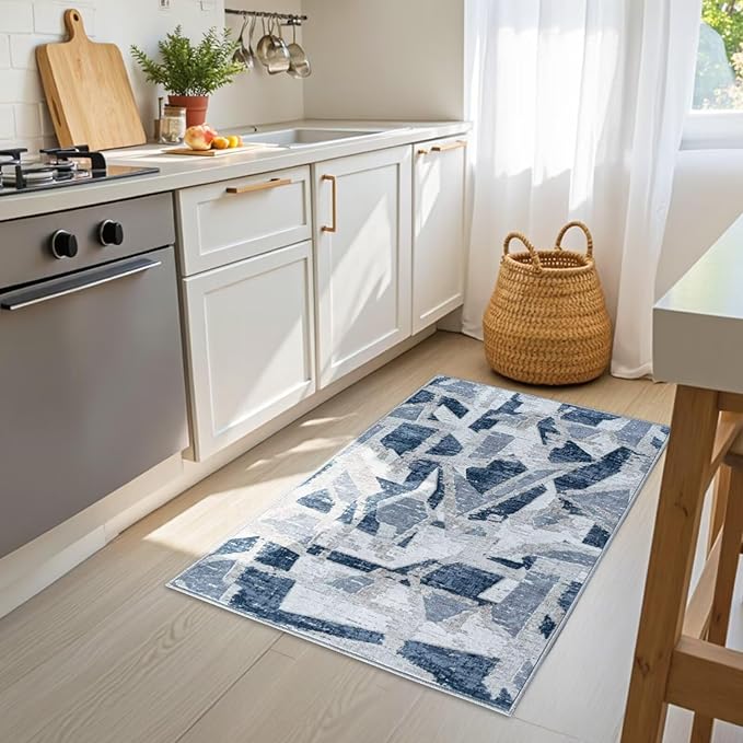 Modern Abstract Door Mat Indoor Entrance 2X3 Blue Rug Washable, Non-Slip Small Rugs for Entryway Bathroom Ultra-Thin, Throw Carpet for Kitchen Bedroom Nursery Kids Print Faux Wool-Ruum Studio Home