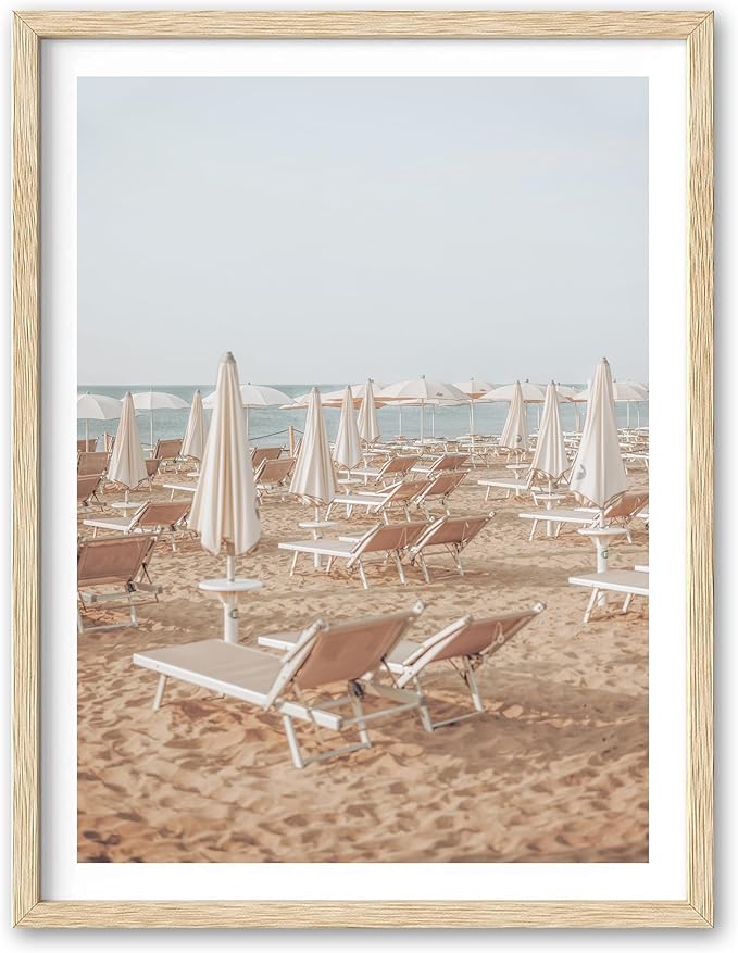 HesenDot Natural OAK Wood Framed Italy Beach Wall Art,12x16in Amalfi Coast Canvas Wall Print,Positano Seascape White Beach Chair Wall Decor for Living Room, Bedroom,Office Gallery Set of 1-Ruum Studio Home