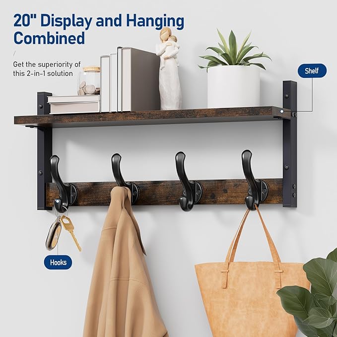Tatub 20" Rustic Coat Rack Wall Mount with Shelf, Wall Hooks with Shelf, Heavy Duty Entryway Organizer Hangers for Hanging, Hat, Bag, Jacket for Bathroom, Living Room, Bedroom, Rustic Brown-Ruum Studio Home