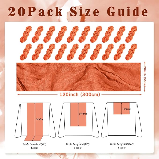 Orange Cheesecloth Table Runner 20 Pack 10FT Boho Fabric Rustic Cheese Cloth Table Runner for Wedding 20 x 120 Inch Long Bridal Shower Baby Shower Gauze Sheer Birthday Party Table Decorations-Ruum Studio Home