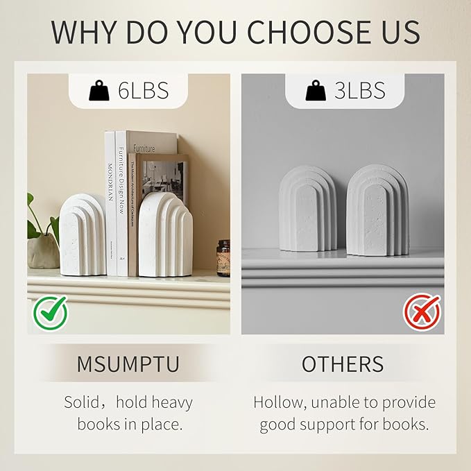 Decorative Bookends for Shelves, Set of 2 Book Ends for Heavy Books, Layered Arch Design White Bookend-Ruum Studio Home