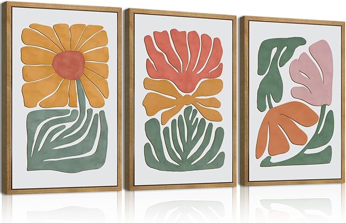 Large Abstract Boho Floral Wall Art Set Colorful Botanical Wood Wall Decor Modern Mid Century Artwork Neutral Bohemian Art Decor for Living Room Bedroom Office-16x24Inch x3-Ruum Studio Home