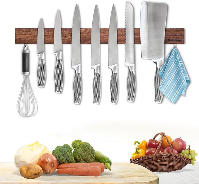 Magnetic Knife Holder for Wall, Magnetic Knife Strip No Drilling 20 Inch, Walnut Wood Magnet knife holder strip with 2 Hooks, Powerful Magnet Knife rack for Kitchen Utensils, Knives and Tools-Ruum Studio Home