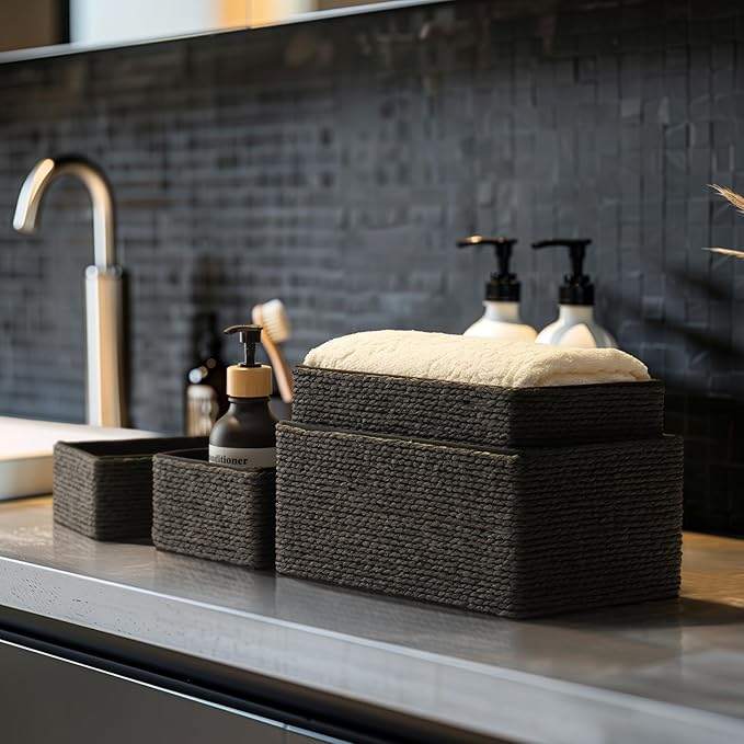 LA JOLIE MUSE Storage Baskets Set 4 - Sturdy Woven Paper Rope Decorative, Stackable Wicker Baskets for Makeup Closet Bathroom Bedroom (Ebony Black)-Ruum Studio Home