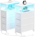 TUTOTAK Narrow LED Night Stand with Charging Station, Slim End Table with Plugins, Tall Side Table with 3 Fabric Drawer, Small Bedside Table with Storage, Set of 2, for Living Room, White TB01BW073L-Ruum Studio Home