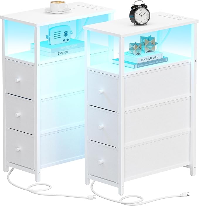 TUTOTAK Narrow LED Night Stand with Charging Station, Slim End Table with Plugins, Tall Side Table with 3 Fabric Drawer, Small Bedside Table with Storage, Set of 2, for Living Room, White TB01BW073L-Ruum Studio Home