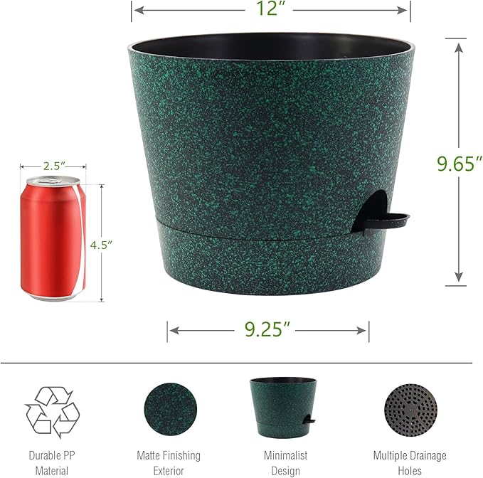 Self Watering Pots for Indoor Plants,12 inch Planters with Drainage Holes Plastic Flower Pots with Deep Reservoir, Black with Green Speckles-Ruum Studio Home