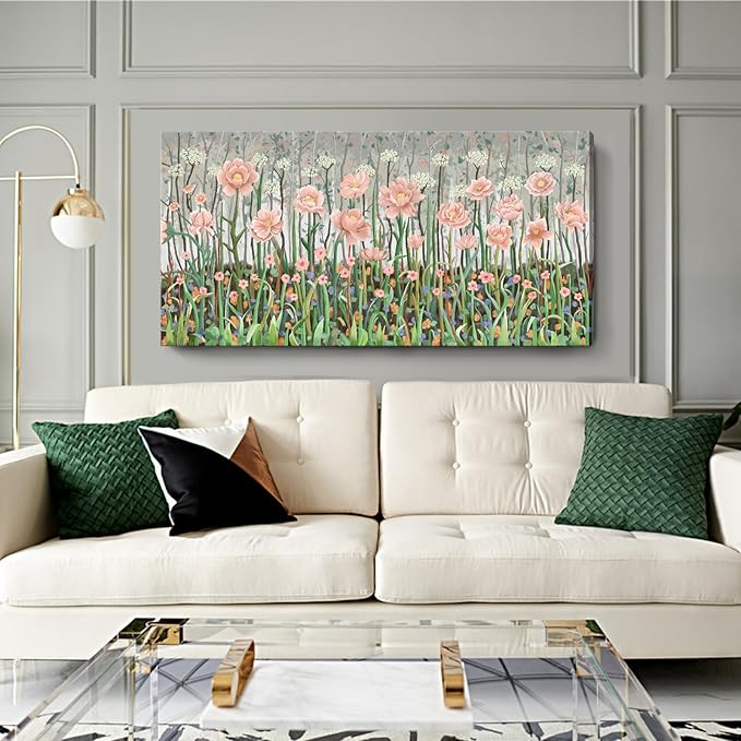amatop Large Floral Wall Art Modern Abstract Flower Field Canvas Picture Botanical Artwork Rustic Wall Decor for Living Room Bedroom Pink Green Blooming Wildflower Forest Nature Art Print 48x24in-Ruum Studio Home