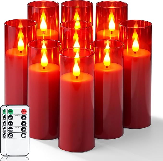 Amagic Christmas Red Flameless Candles, Battery Operated Candles with Remote and Timer, Acrylic Flickering LED Candles for Thanksgiving Decor, D2.2''xH5''6" 7", Set of 9-Ruum Studio Home