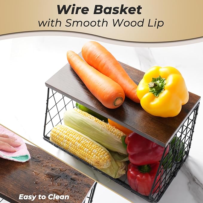 2pcs Fruit Basket Kitchen Storage Basket with Wood Lid, Stackable Wall Basket Fruit Basket for Kitchen, Countertop Organizer for Snack, Fruit and Veggie Storage, 11.8 x 7.9 x 8.5 Inch-Ruum Studio Home