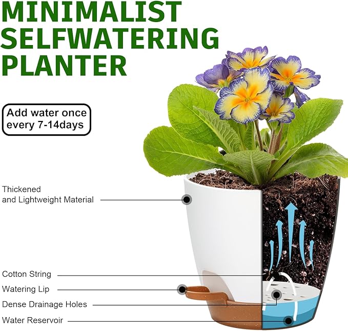 Uneed Indoor Self Watering Planters with Drainage Holes and Saucers, 7/6.5/6/5.5/5 Inch-5 Pots,for Indoor Plants, Herbs, Succulents (White)-Ruum Studio Home