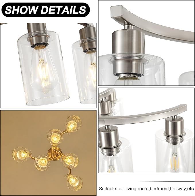 6-Light Brushed Nickel Chandeliers for Dining Room Light Fixtures Over Table, Adjustable Height Hanging Industrial Pendant Lighting for Kitchen Island Bedroom, Clear Glass Shade-Ruum Studio Home