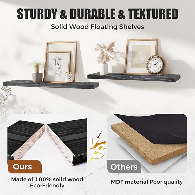 Floating Wall Shelves 4-Pack - Rustic Black 16-inch Wooden Wall Shelves for Storage and Décor, Multi-Functional and Easy to Install for Living Room, Bedroom, and Kitchen-Ruum Studio Home