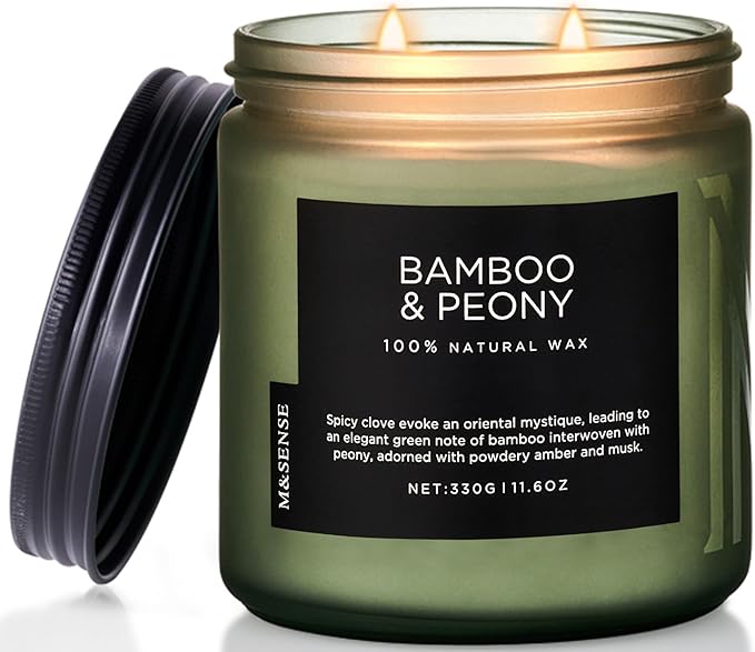 M&SENSE Bamboo Peony Scented Candle, 11.6oz Aromatherapy Jar Candle, 70 Hour Burn Time, Natural Soy Wax Blend, Stress Relief, Home Fragrance-Ruum Studio Home