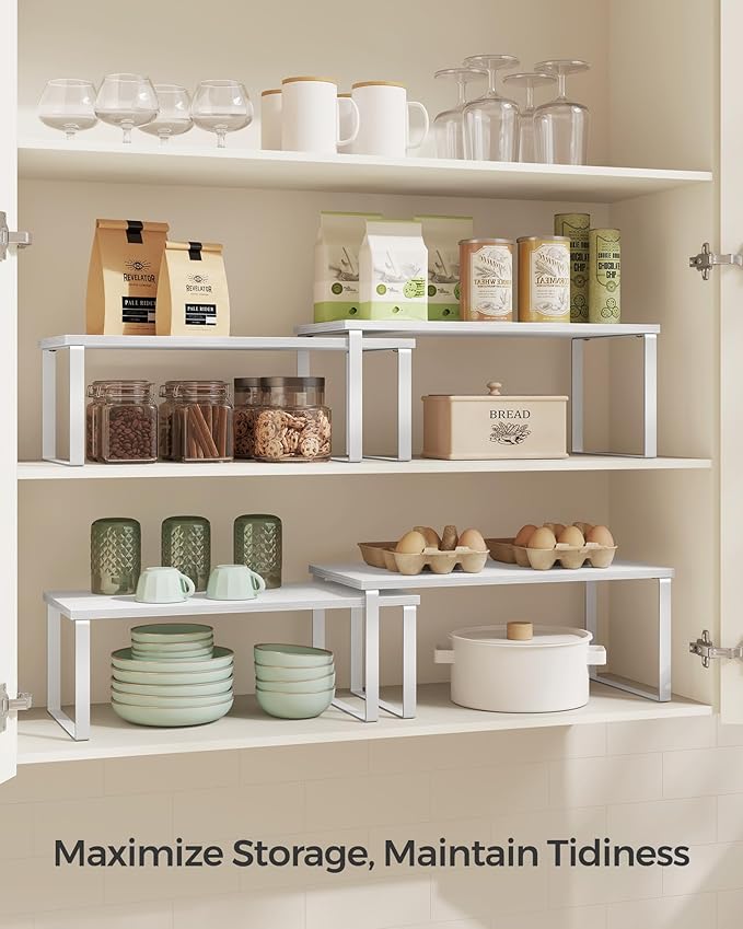SONGMICS Cabinet Organizer Shelf, Set of 2 Kitchen Counter Shelves, Kitchen Storage, Spice Rack, Stackable, Expandable, Metal and Engineered Wood, Cloud White and Snow White UKCS025W01-Ruum Studio Home