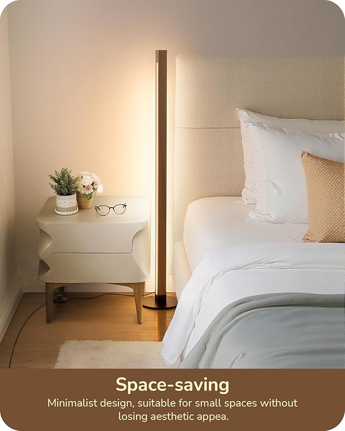 EDISHINE Wood Floor Lamp, Upgraded Dual-Sided Lighting, Minimalist Floor Lamps for Living Room, Corner Floor Lamp with Remote/Foot Control, 7CCT & Dimmable Corner Lamp for Bedroom, Office, Walnut Wood-Ruum Studio Home