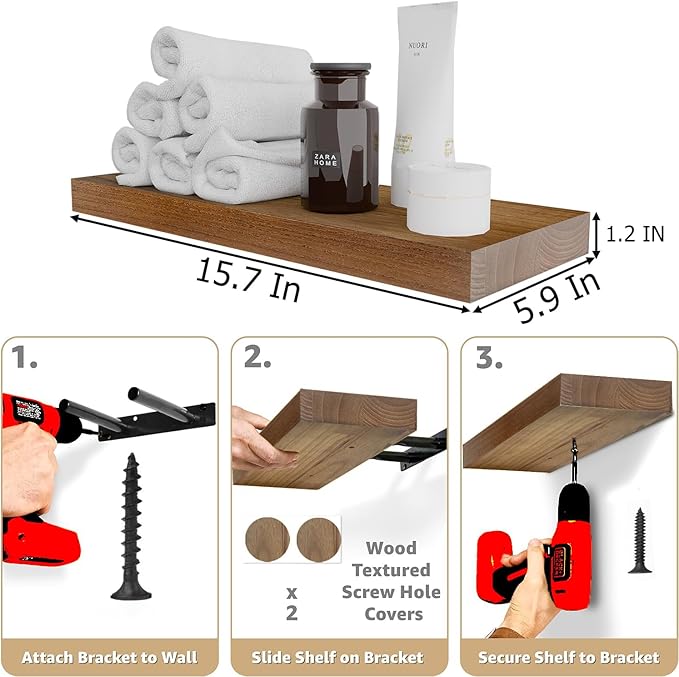 IAE Walnut Floating Wall Shelves 16 inch, Bathroom Shelves Wall Mounted,Invisible Shelf Floating Kitchen Shelves,Wooden Wall Shelving with Brackets for Living Room Wall Mounted,Easy Install,Set of 2-Ruum Studio Home
