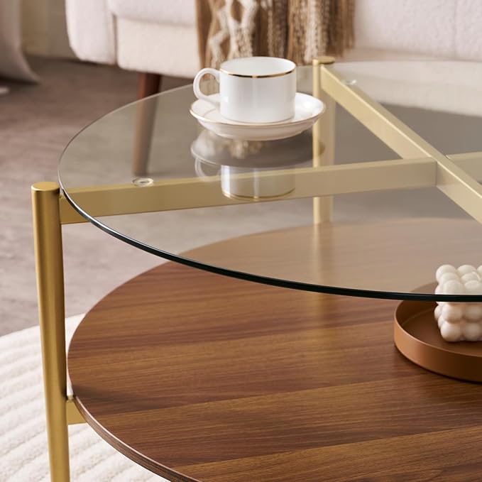 Round Coffee Table, Mid-Century Modern Design, D30“ x H17”, for Living Room, 2-Tier Structure, Clear Glass Top and Walnut MDF Shelf, Sleek Conical Metal Legs with Gold Finish-Ruum Studio Home