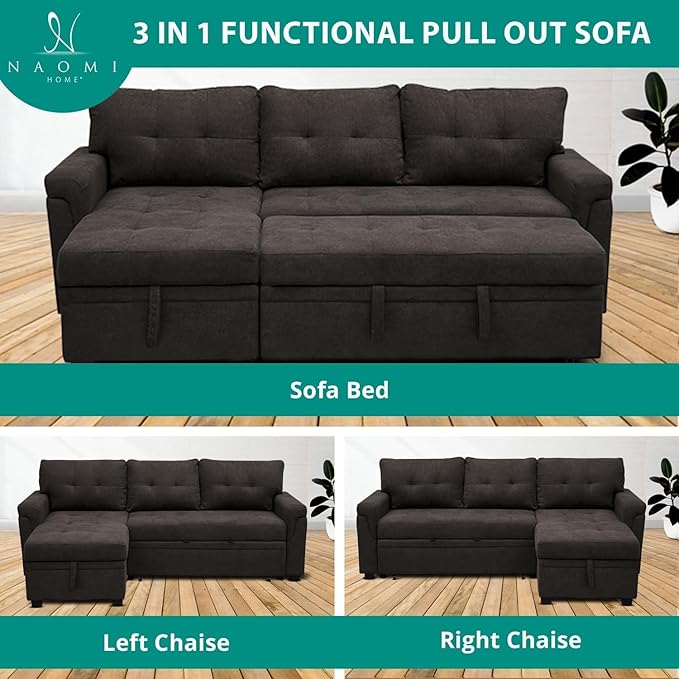 Naomi Home L-Shaped Reversible Sectional Sofa with Pull-Out Sleeper Bed and Storage Chaise, Espresso Velvet-Ruum Studio Home