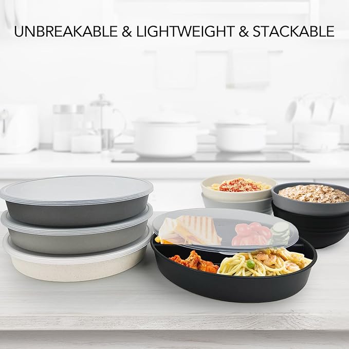 greenandlife 9 Inch 4PCS Divided Plates with Lids, Portion Control Plates for Kids Adults, Dishwasher Microwave Safe Compartment Plate, Unbreakable Lightweight Reusable Wheat Straw Plate, Grey Black-Ruum Studio Home
