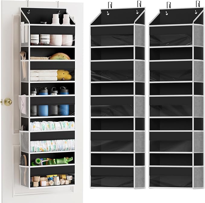 SpaceAid 2 Pack Over The Door Organizer with 5 Large Pockets and 10 Mesh Side Pockets, 5 Layers Door Organizer Hanging with Clear Window for Bedroom, Bathroom, Pantry and Nursery, Black-Ruum Studio Home