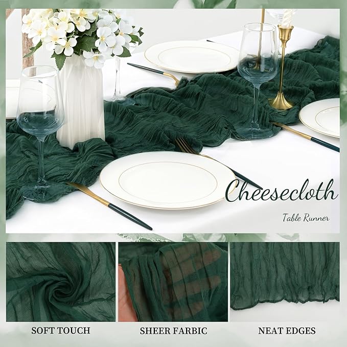 Emerald Green 6 Pack Cheesecloth Table Runner 10FT Boho Fabric Rustic Cheese Cloth Table Runner for Wedding 20 x 120 Inch Long Bridal Shower Baby Shower Gauze Sheer Birthday Party Table Decorations-Ruum Studio Home