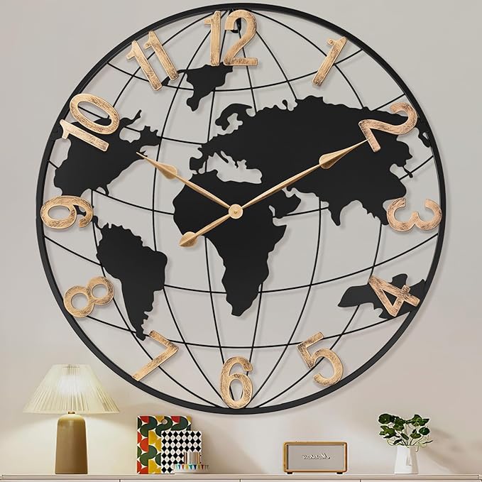 36 Inch Extra Giant Oversized Black Metal Wall Clock,Large Modern Decorative Silent World Map Wall Clock with Vintage Gold Arabic Numeral for Living Room,Entrance Fireplace,Dining Room Decor-Ruum Studio Home