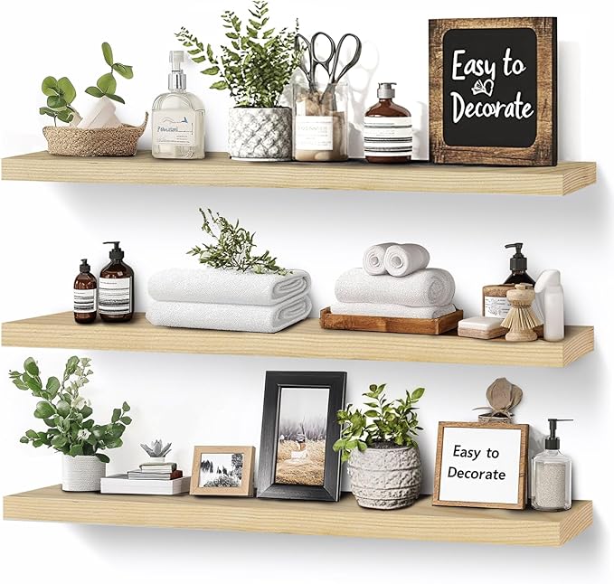 Floating Wall Shelves 3-Pack - 24-Inch Rustic Wooden Shelves for Storage and Décor, Easy Installation for Living Room, Bedroom, and Kitchen-Ruum Studio Home