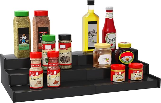 Spice Rack Organizer for Cabinet, 3 Tier Expandable Bamboo Spice Storage, Great for Kitchen Cabinet, Cupboard,Pantry and More(Black)-Ruum Studio Home