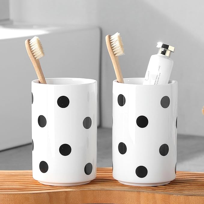 Black Polka Dot Ceramic Toothbrush Holders White - 2 Cups Toothbrush Holders for Bathrooms Toothbrush Toothpaste Holders, White Bathroom Tumbler Cups, Reusable Toothbrush Cups-Ruum Studio Home
