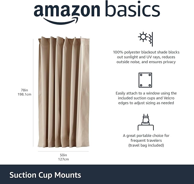 Amazon Basics Portable Blackout Curtain Shade with Suction Cups, 50"W x 78"L, 1-Pack, Beige-Ruum Studio Home