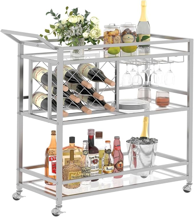 FATORRI Bar Cart Silver, Bar Carts for The Home, Home Bar Serving Carts for Liquor, Rolling Wine Cart with 3 Tier Mirrored Shelves on Wheels for Alcohol and Beverage (Silver)-Ruum Studio Home
