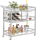 FATORRI Bar Cart Silver, Bar Carts for The Home, Home Bar Serving Carts for Liquor, Rolling Wine Cart with 3 Tier Mirrored Shelves on Wheels for Alcohol and Beverage (Silver)-Ruum Studio Home
